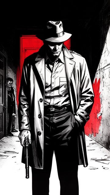 Noir graphic novel style frame from a PlotClip short